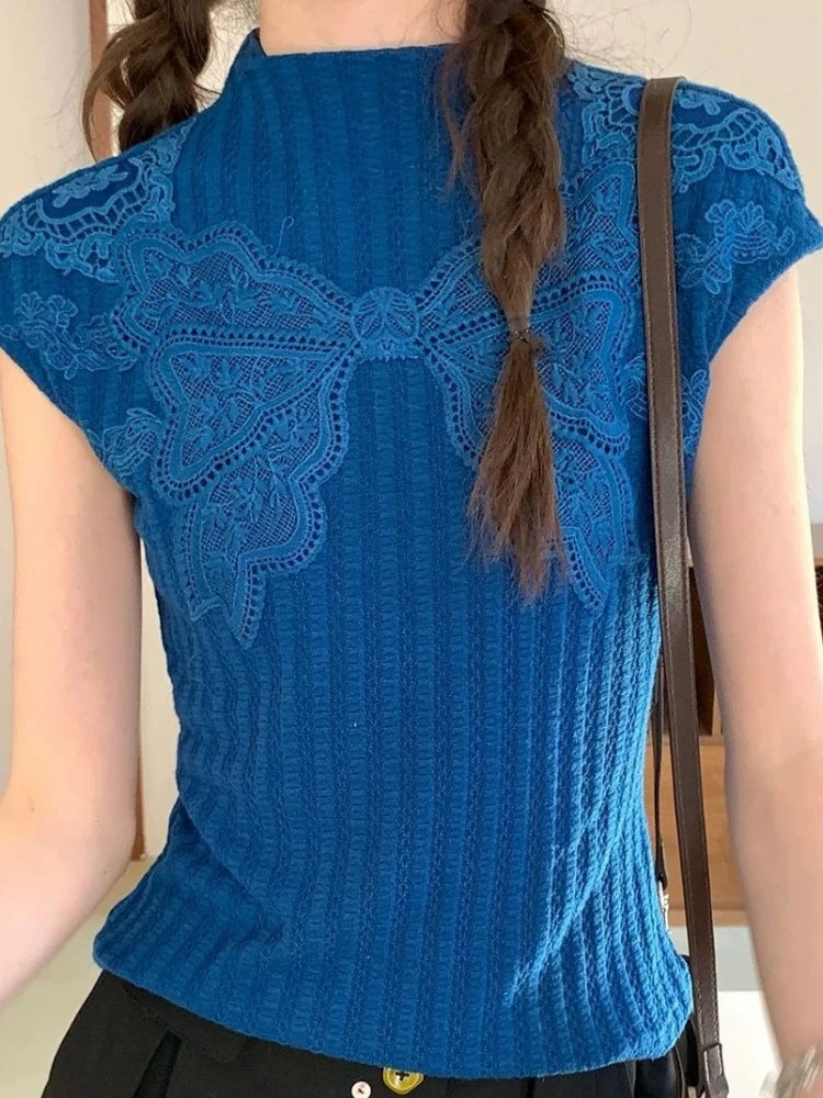 Aiertu  Women Vintage Embroidery Bow Graphic Tees Y2k Aesthetic Casual Bodycon Streetwear T Shirts 2025 Summer Harajuku Grunge Blue Tops Aiertu