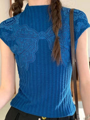 Aiertu  Women Vintage Embroidery Bow Graphic Tees Y2k Aesthetic Casual Bodycon Streetwear T Shirts 2025 Summer Harajuku Grunge Blue Tops Aiertu