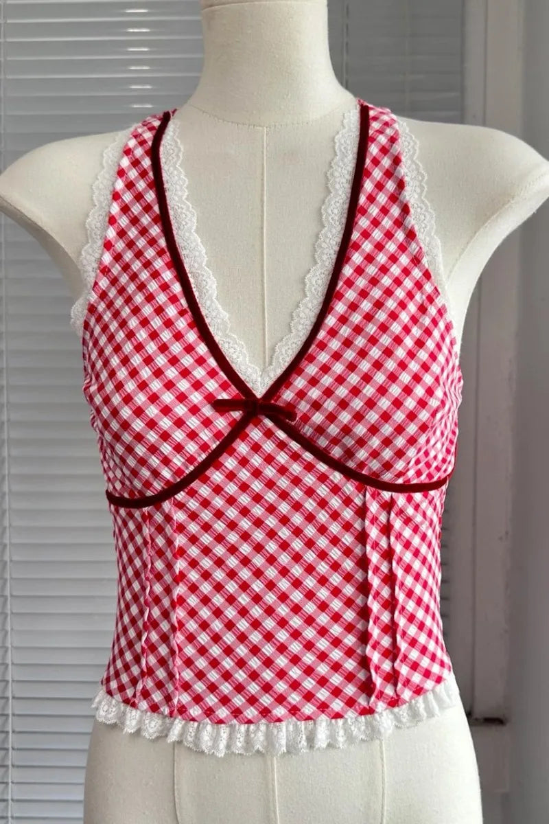 Aiertu  -  Red Plaid Halter Neck Tank Women's Summer Patchwork Lace Sexy Hot Girl Slim Fit Top Fashion Female Clothes Aiertu