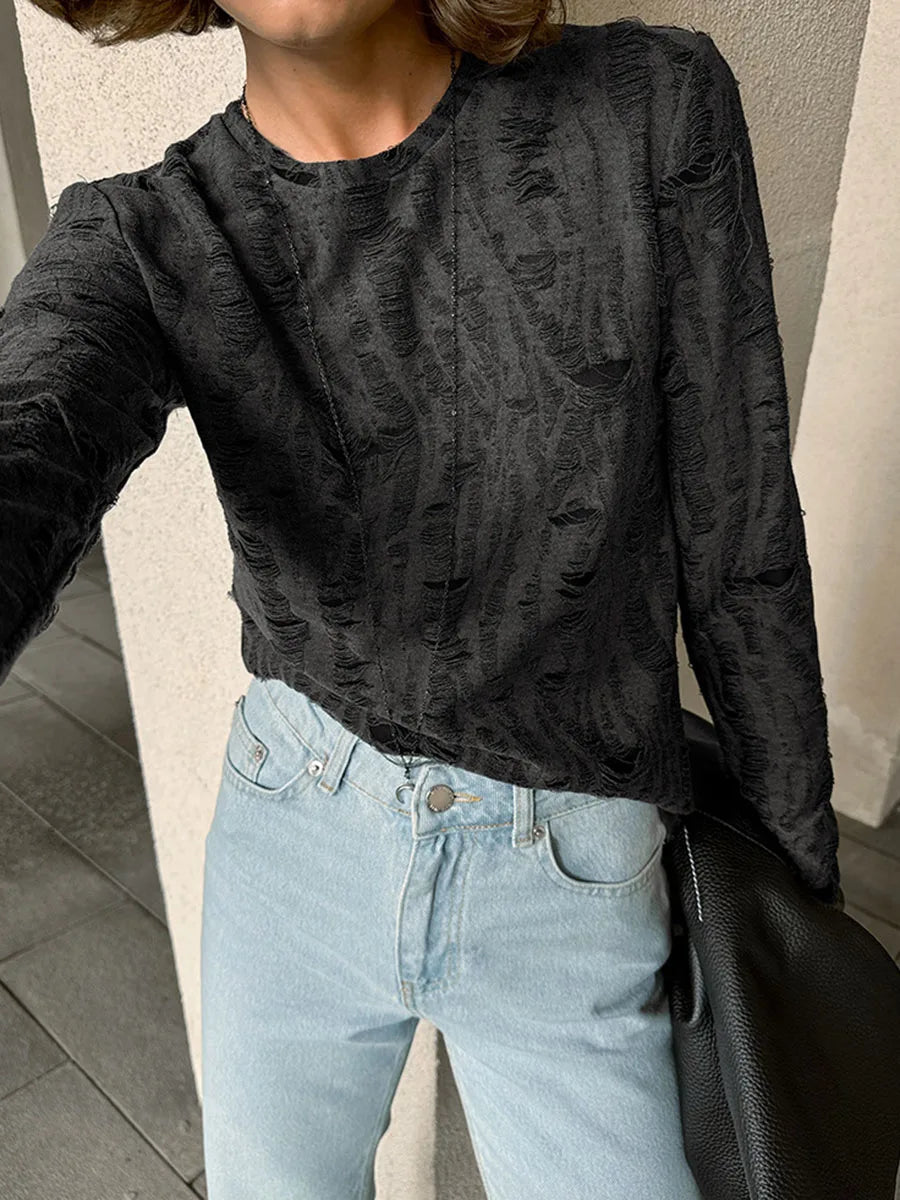 Aiertu  -  Gray Ripped Distressed T-shirt Women Autumn New O Neck Long Sleeve Tops T-shirts Streetwear Fashion Basic Vintage Tees Female Aiertu