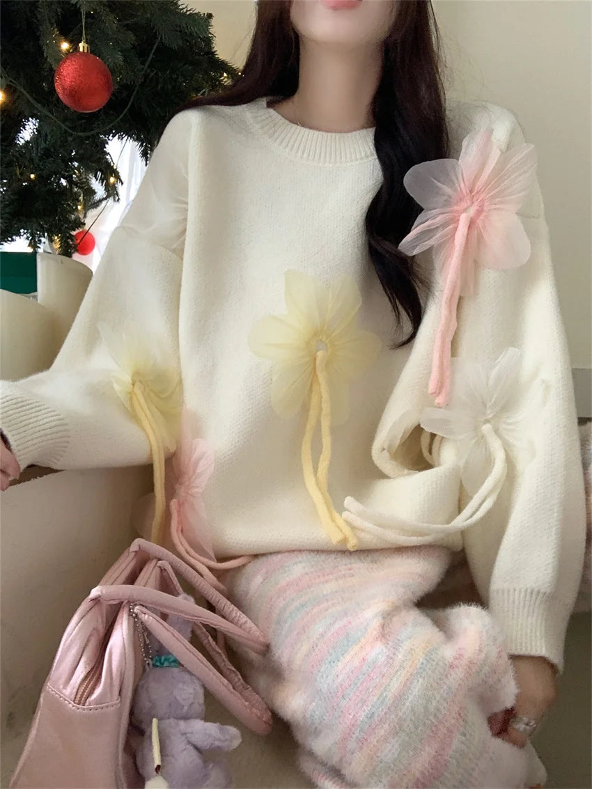 Aiertu  -  Korea Sweet Daily Sweaters Women Chic Loose Knitted 2026 Spring Pullovers Office Lady High Street Florals Gentle Casual Aiertu