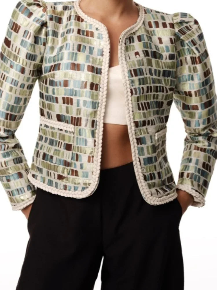 Aiertu  -  Women's Vintage Plaid Clashing Printed Twisted Quilted Jacket Elegant Round Neck Long Sleeve Pocket Top Lady Chic Commuter Wear Aiertu