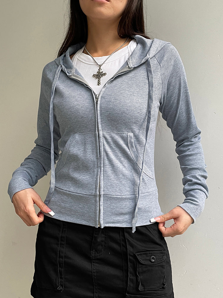 Aiertu - summer inspo Hot Gray Slim Zip Up Jackets Hoodies For Women Pockets Long Sleeve Ribbed Solid Simple Basic Casual Preppy Sweatshirts Aiertu