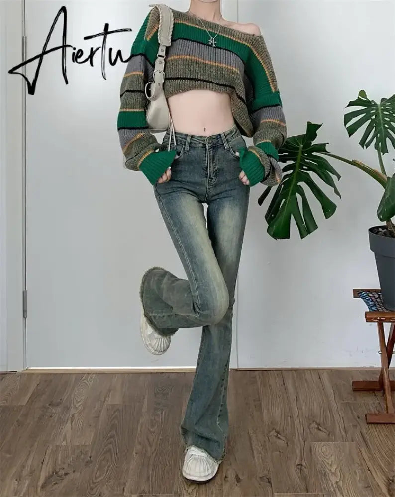 Flare Jeans Women Skinny High Waist Aesthetic Y2k Clothes Denim Trousers Vintage Washed Retro Mopping Korean Fashion Street New Aiertu