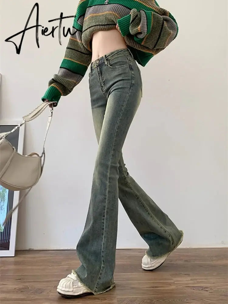 Flare Jeans Women Skinny High Waist Aesthetic Y2k Clothes Denim Trousers Vintage Washed Retro Mopping Korean Fashion Street New Aiertu