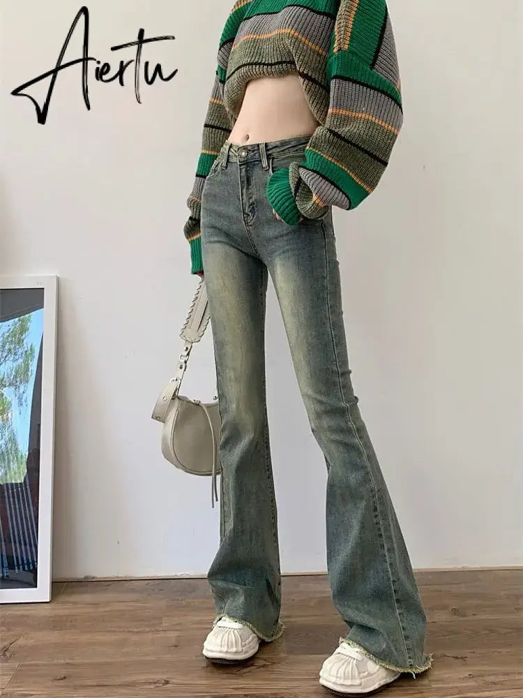 Flare Jeans Women Skinny High Waist Aesthetic Y2k Clothes Denim Trousers Vintage Washed Retro Mopping Korean Fashion Street New Aiertu