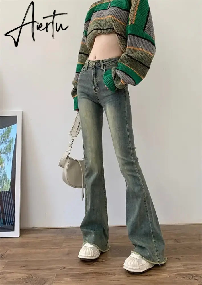Flare Jeans Women Skinny High Waist Aesthetic Y2k Clothes Denim Trousers Vintage Washed Retro Mopping Korean Fashion Street New Aiertu