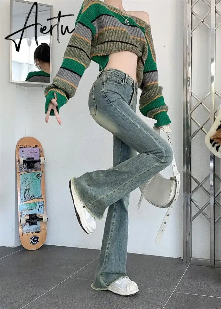 Flare Jeans Women Skinny High Waist Aesthetic Y2k Clothes Denim Trousers Vintage Washed Retro Mopping Korean Fashion Street New Aiertu