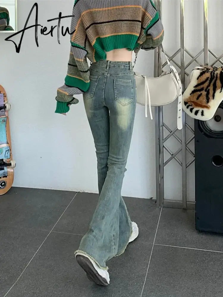 Flare Jeans Women Skinny High Waist Aesthetic Y2k Clothes Denim Trousers Vintage Washed Retro Mopping Korean Fashion Street New Aiertu