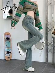 Flare Jeans Women Skinny High Waist Aesthetic Y2k Clothes Denim Trousers Vintage Washed Retro Mopping Korean Fashion Street New Aiertu