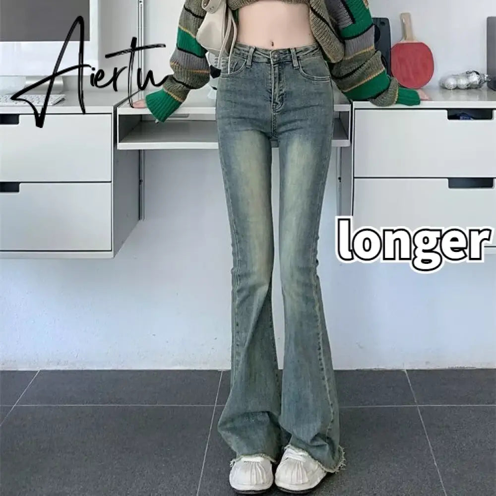 Flare Jeans Women Skinny High Waist Aesthetic Y2k Clothes Denim Trousers Vintage Washed Retro Mopping Korean Fashion Street New Aiertu