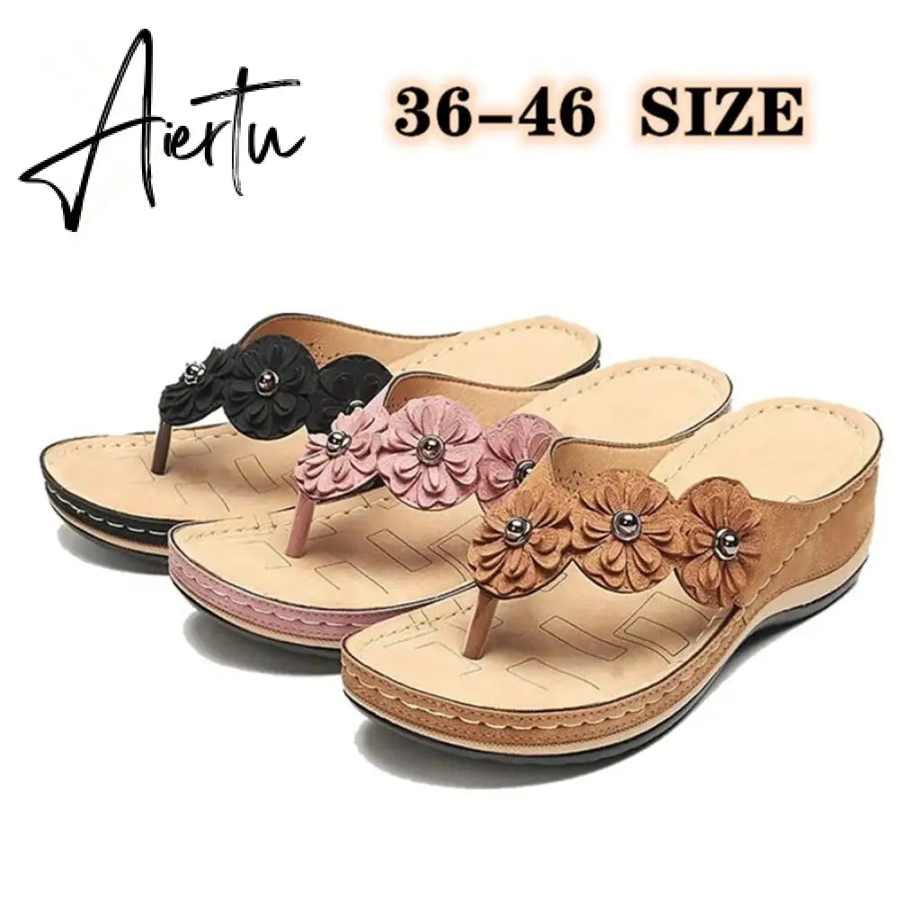 Flip Flop Sandals for Women Summer PU Flower Light Soft Soles Wedge Slippers Women Flat Slides Shoes for Beach Big Size 46 Aiertu