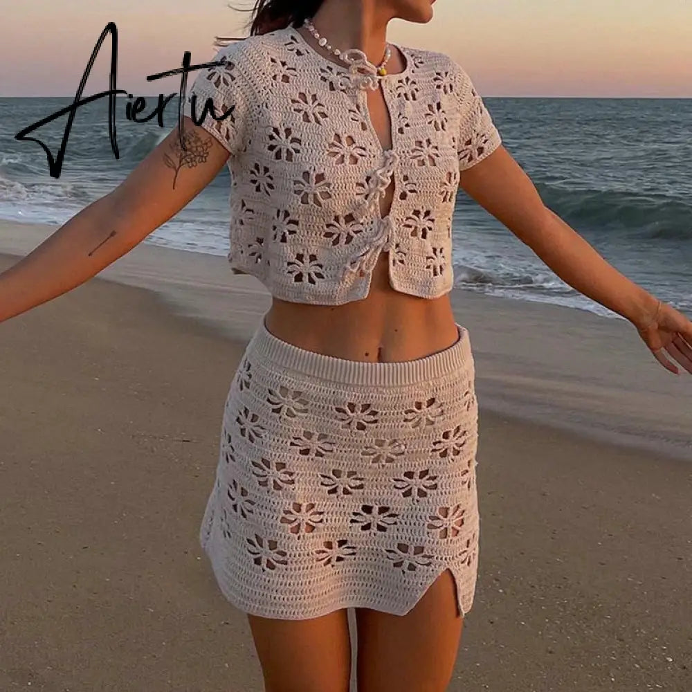 Floral Crochet Hollow Out 2 Piece Set Front Tie Up Short Sleeve Crop Tops + Mini Skirt Vintage Fairy Knitted Boho Beach Holiday Aiertu