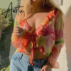 Floral Print Y2K Long Sleeve Crop Top Women V Neck Ruffles Spring Summer Beach Party 90S Sexy T Shirts Vintage Aiertu