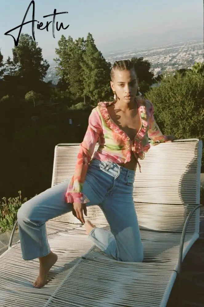 Floral Print Y2K Long Sleeve Crop Top Women V Neck Ruffles Spring Summer Beach Party 90S Sexy T Shirts Vintage Aiertu
