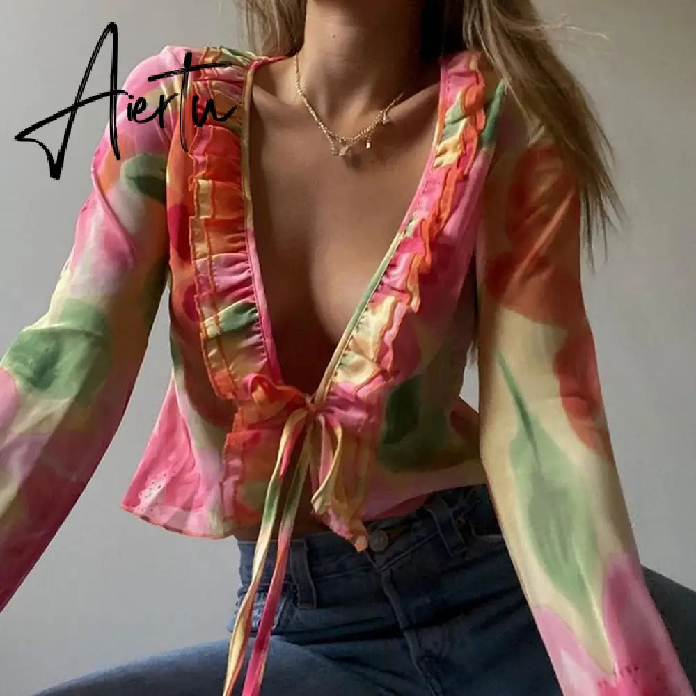 Floral Print Y2K Long Sleeve Crop Top Women V Neck Ruffles Spring Summer Beach Party 90S Sexy T Shirts Vintage Aiertu
