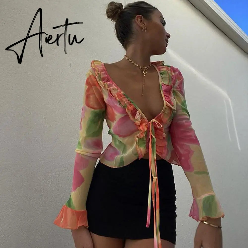 Floral Print Y2K Long Sleeve Crop Top Women V Neck Ruffles Spring Summer Beach Party 90S Sexy T Shirts Vintage Aiertu