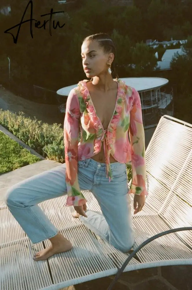 Floral Print Y2K Long Sleeve Crop Top Women V Neck Ruffles Spring Summer Beach Party 90S Sexy T Shirts Vintage Aiertu