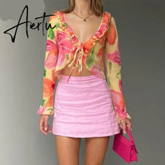 Floral Print Y2K Long Sleeve Crop Top Women V Neck Ruffles Spring Summer Beach Party 90S Sexy T Shirts Vintage Aiertu