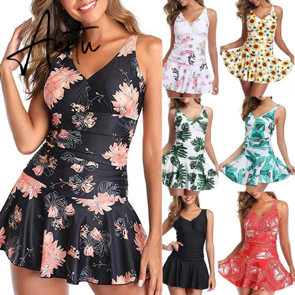 Floral Printed Women Swimdress Swimsuit V-neck Spaghetti Strap Padded With Shorts Boho Swimdress Beach Dress Woman Swimwear Aiertu