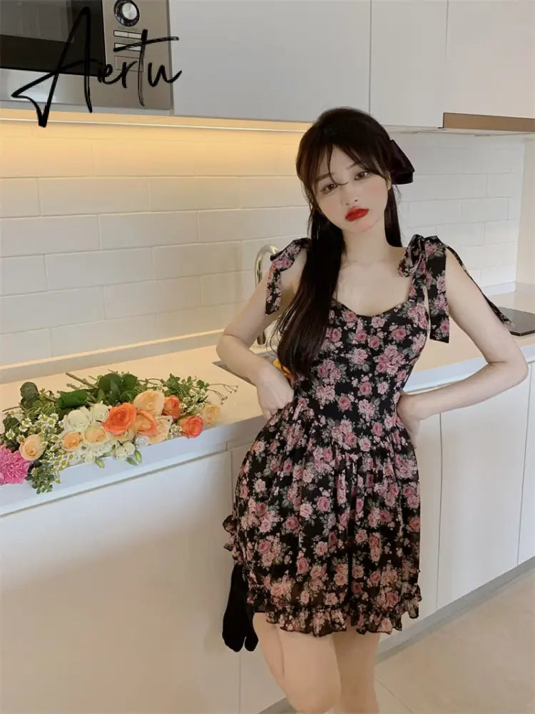 Floral Spaghetti Strap Dress Women's  Summer French Short Dress A-LineBow Tie High Waist Sweet Sexy Beach Dress Sundress Aiertu