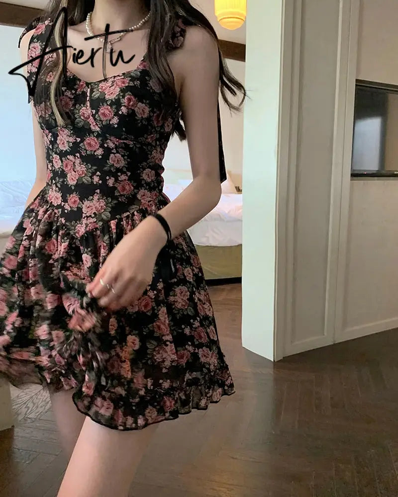 Floral Spaghetti Strap Dress Women's  Summer French Short Dress A-LineBow Tie High Waist Sweet Sexy Beach Dress Sundress Aiertu
