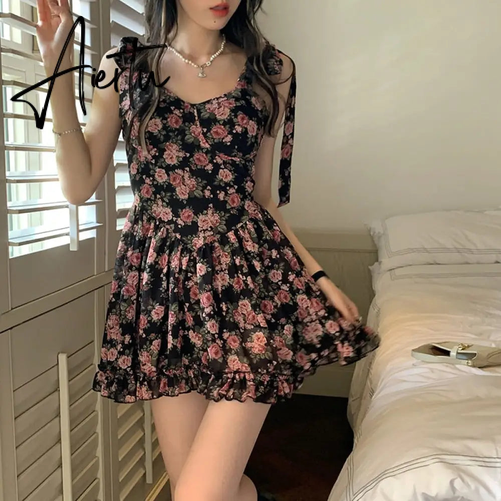 Floral Spaghetti Strap Dress Women's  Summer French Short Dress A-LineBow Tie High Waist Sweet Sexy Beach Dress Sundress Aiertu
