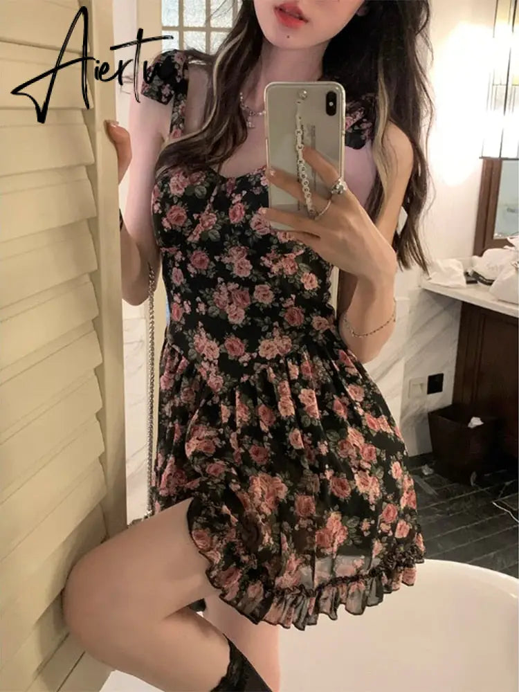 Floral Spaghetti Strap Dress Women's  Summer French Short Dress A-LineBow Tie High Waist Sweet Sexy Beach Dress Sundress Aiertu