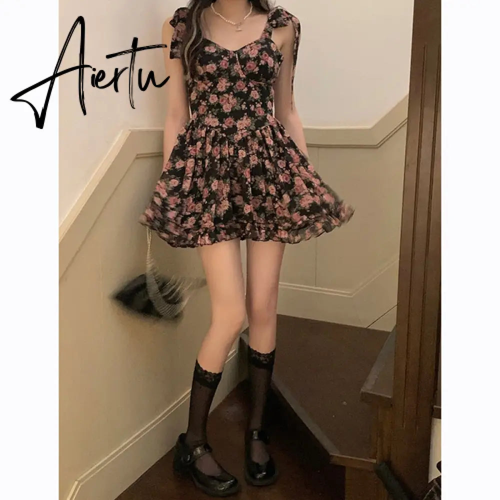 Floral Spaghetti Strap Dress Women's  Summer French Short Dress A-LineBow Tie High Waist Sweet Sexy Beach Dress Sundress Aiertu