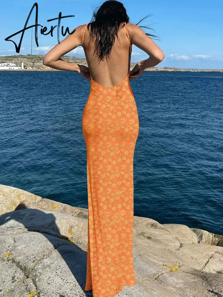 Flower Print Slip Sleeveless Backless Slim Sexy Maxi Dress Spring Women Elegant Streetwear Party Clothing Concise Aiertu