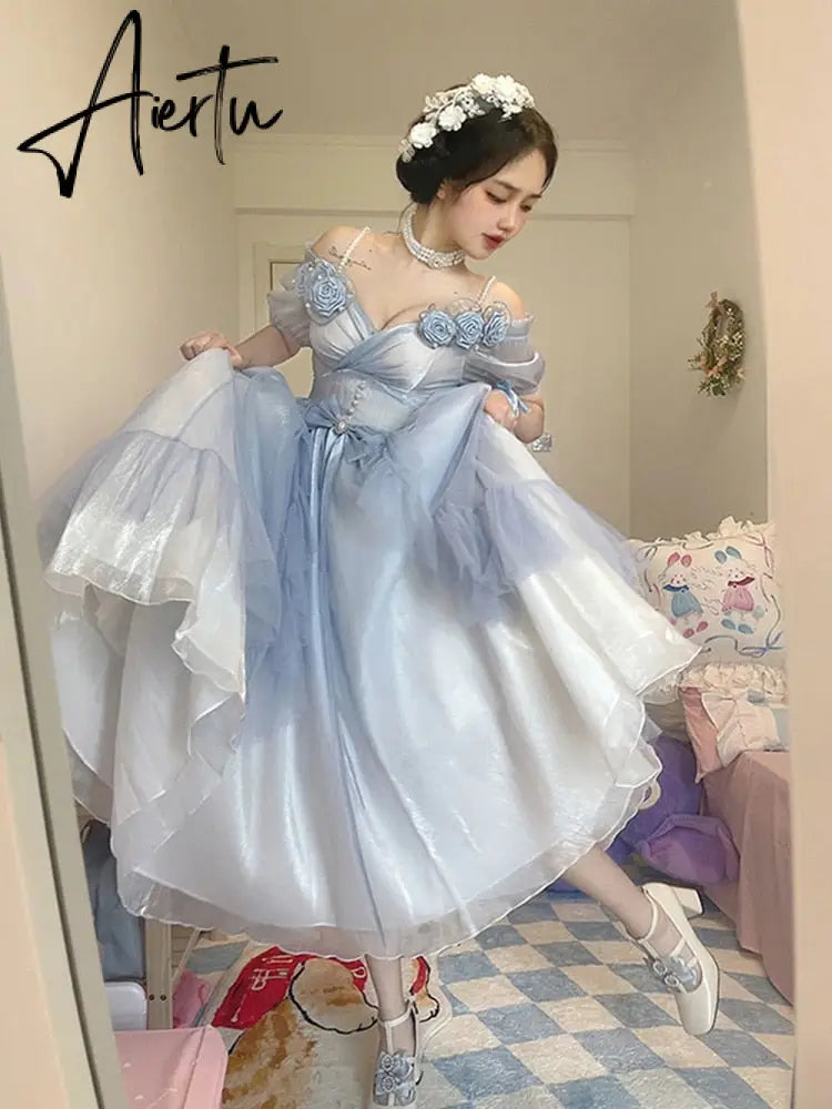 Flower Wedding Lolita Dress Light Gradient Blue Rose Fairy Princess Kawaii Sweet Elegant Lolitas Tea Party Dresses Victorian Aiertu
