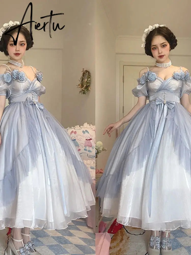 Flower Wedding Lolita Dress Light Gradient Blue Rose Fairy Princess Kawaii Sweet Elegant Lolitas Tea Party Dresses Victorian Aiertu