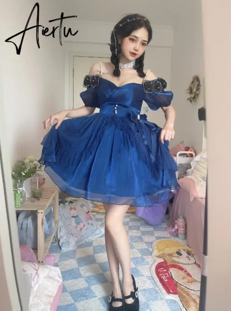 Flower Wedding Lolita Dress Light Gradient Blue Rose Fairy Princess Kawaii Sweet Elegant Lolitas Tea Party Dresses Victorian Aiertu