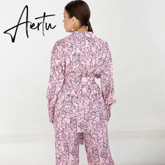 Flowers Print Feather Sleeves Sleepwear Abstract Pattern Loungewear Women Pajama Fashion Women's Clothing Sets Suit Aiertu