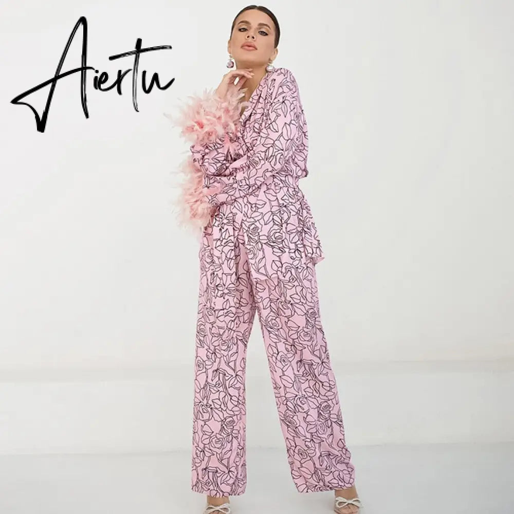 Flowers Print Feather Sleeves Sleepwear Abstract Pattern Loungewear Women Pajama Fashion Women's Clothing Sets Suit Aiertu