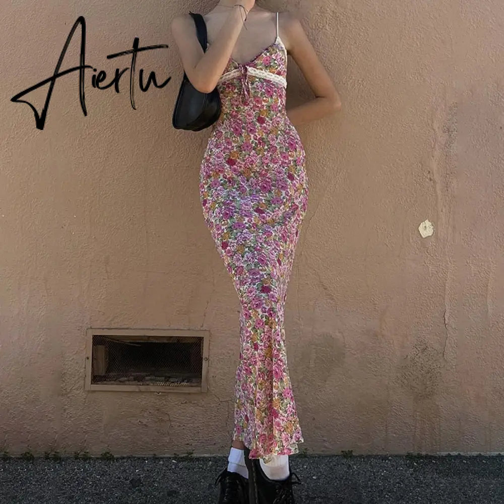 Flowers Print Spaghetti Straps Wrap Long Dress 90s E-girl Aesthetic Women Summer Sleeveless Tie Up V-Neck Sundress Aiertu