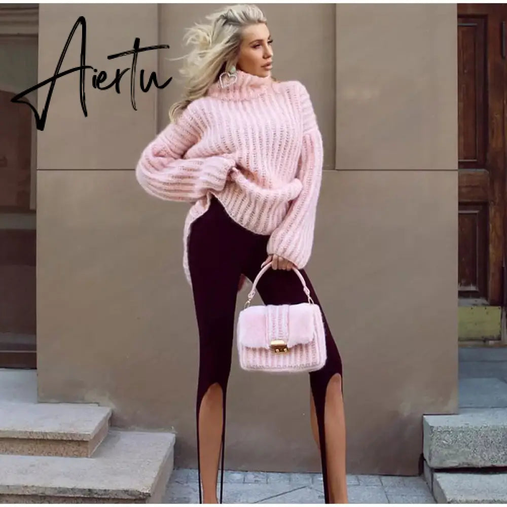 Fluffy Turtleneck Women Sweater Tops Knitted Casual Warm Fashion Sweaters Female Lady Soft Long Sleeve Pullover Streetwear Aiertu