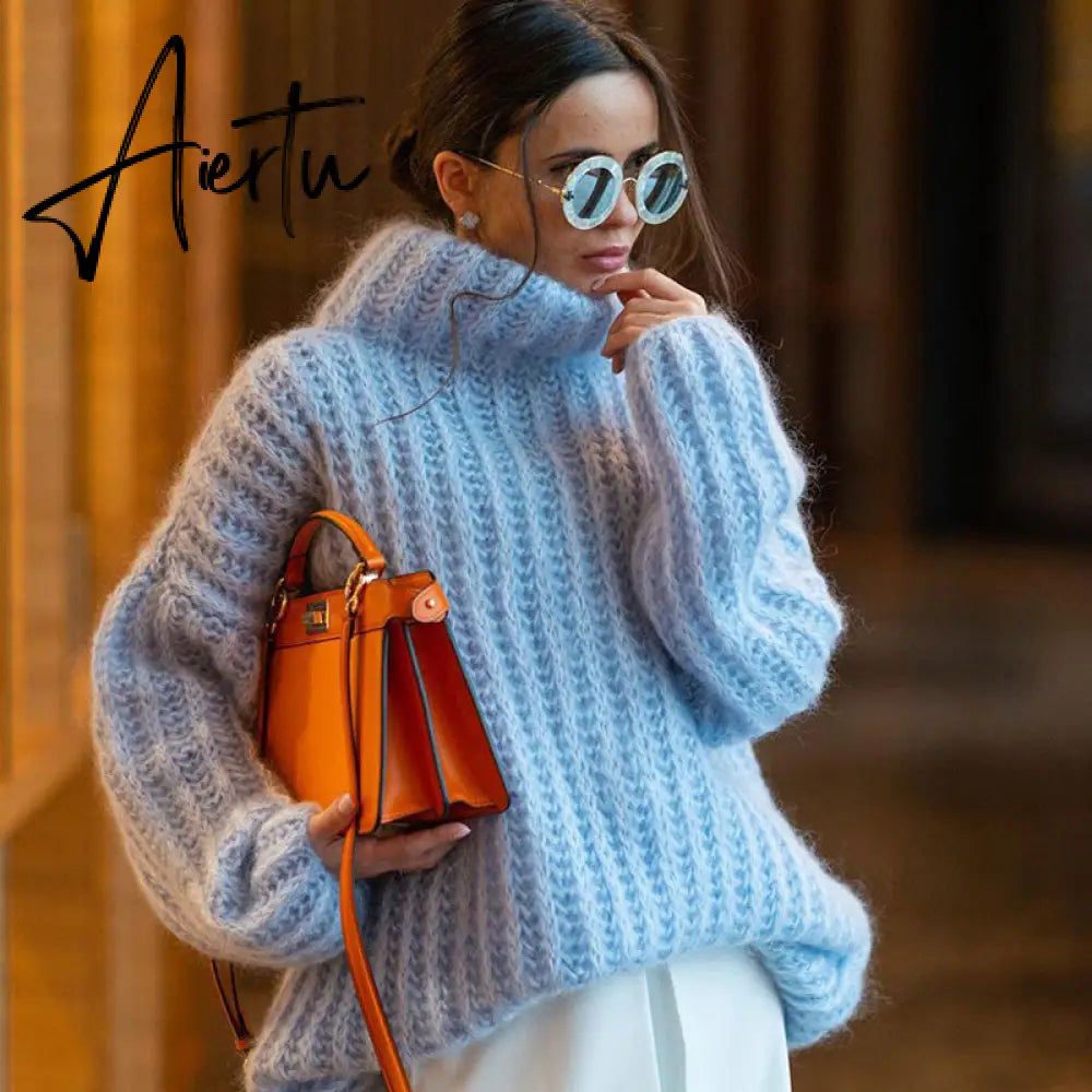 Fluffy Turtleneck Women Sweater Tops Knitted Casual Warm Fashion Sweaters Female Lady Soft Long Sleeve Pullover Streetwear Aiertu