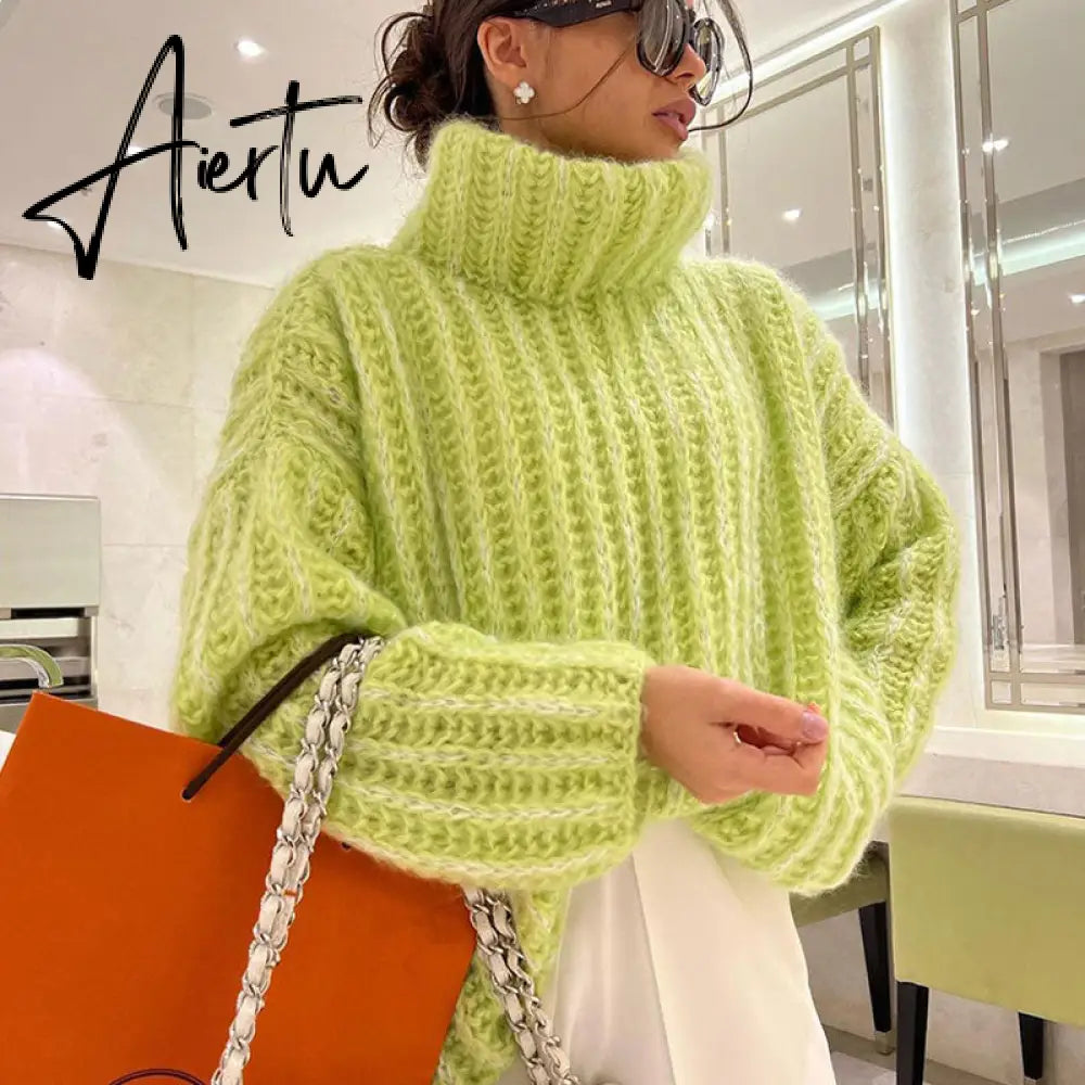 Fluffy Turtleneck Women Sweater Tops Knitted Casual Warm Fashion Sweaters Female Lady Soft Long Sleeve Pullover Streetwear Aiertu