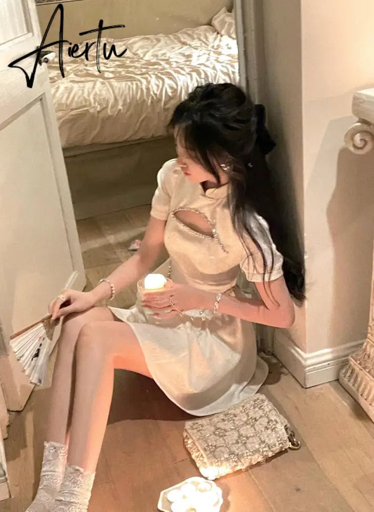Formal Dress Women Elegant Chinese Summer Puff Sleeve Evening Party Vestido Vintage Female Clothes Sexy Backless Dresses Aiertu