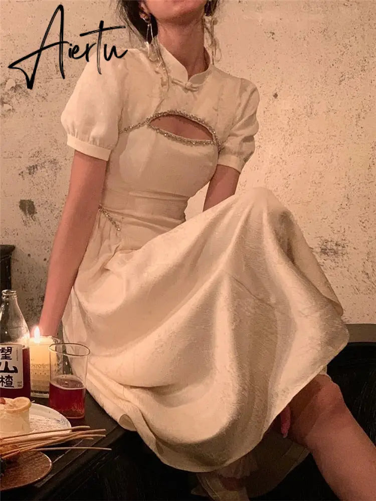 Formal Dress Women Elegant Chinese Summer Puff Sleeve Evening Party Vestido Vintage Female Clothes Sexy Backless Dresses Aiertu