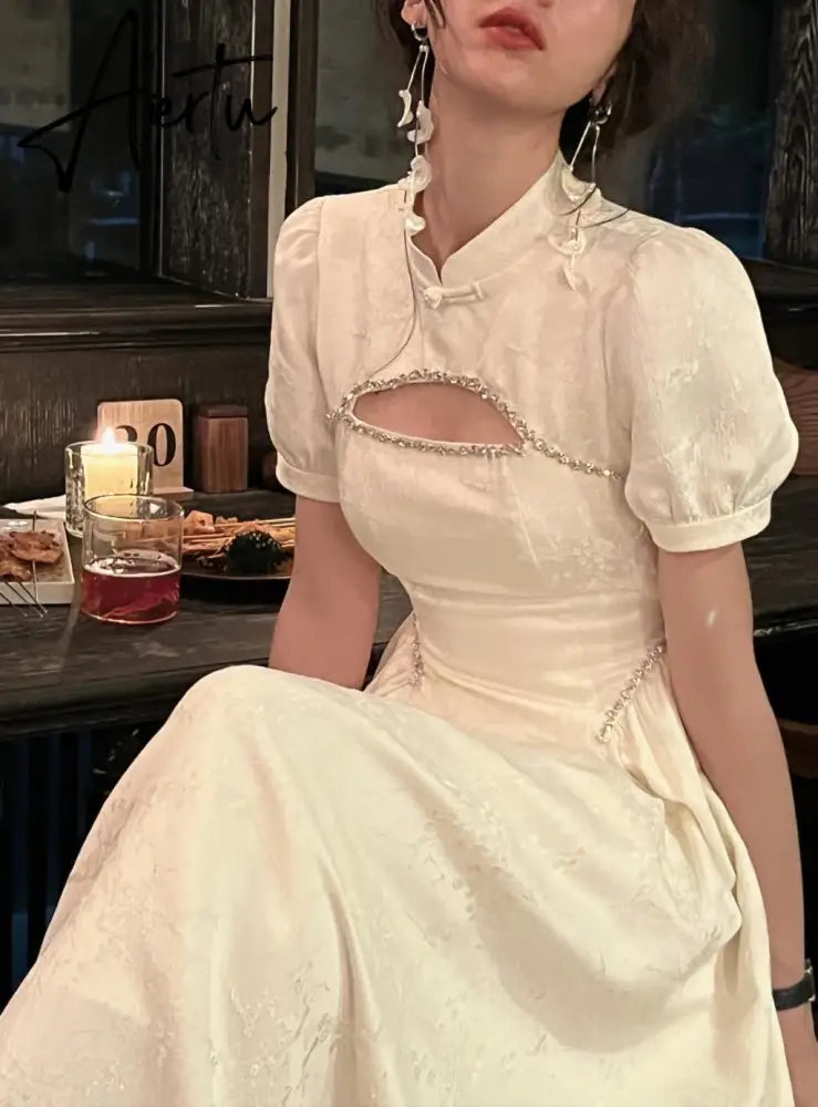 Formal Dress Women Elegant Chinese Summer Puff Sleeve Evening Party Vestido Vintage Female Clothes Sexy Backless Dresses Aiertu