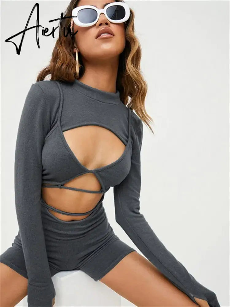 FQLWL Fall Streetwear Cargo Rompers Women Jumpsuits Long Sleeve Rompers Playsuits Hollow Out Bodycon Gray One Pieces Outfit Aiertu