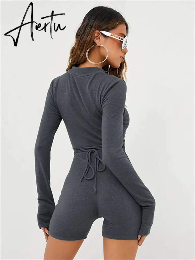 FQLWL Fall Streetwear Cargo Rompers Women Jumpsuits Long Sleeve Rompers Playsuits Hollow Out Bodycon Gray One Pieces Outfit Aiertu