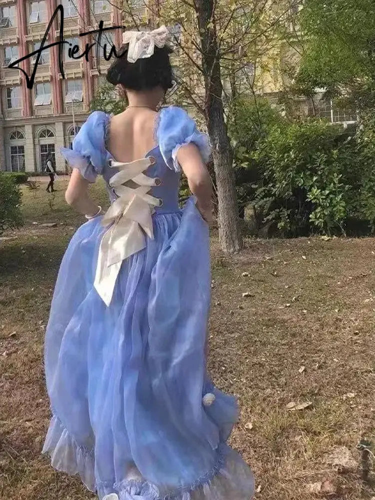 France Mesh Lolita Dress Women Summer Blue White Black Gothic Evening Party Dresses Sweet Korean Princess Fairy Dress Aiertu