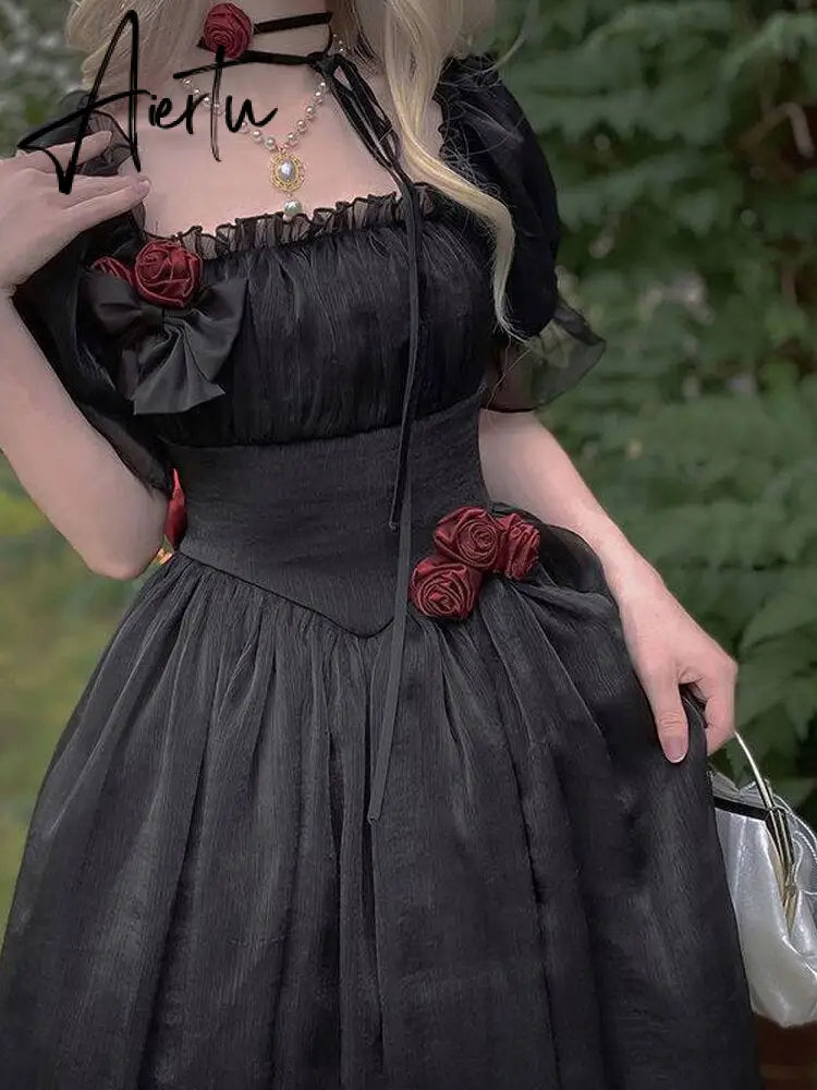 France Mesh Lolita Dress Women Summer Blue White Black Gothic Evening Party Dresses Sweet Korean Princess Fairy Dress Aiertu