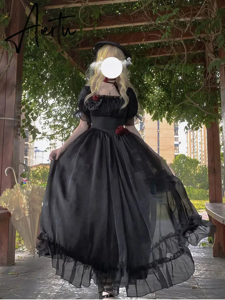 France Mesh Lolita Dress Women Summer Blue White Black Gothic Evening Party Dresses Sweet Korean Princess Fairy Dress Aiertu
