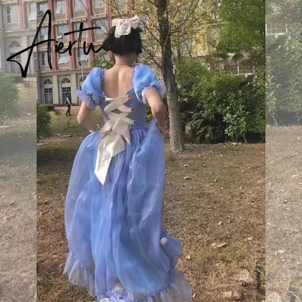 France Mesh Lolita Dress Women Summer Blue White Black Gothic Evening Party Dresses Sweet Korean Princess Fairy Dress Aiertu