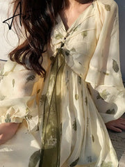 Frehcn Vintage Floral Midi Dress Office Lady V-Neck Casual Beach Party Dress Women Summer Chiffon One Piece Dress Korean Aiertu