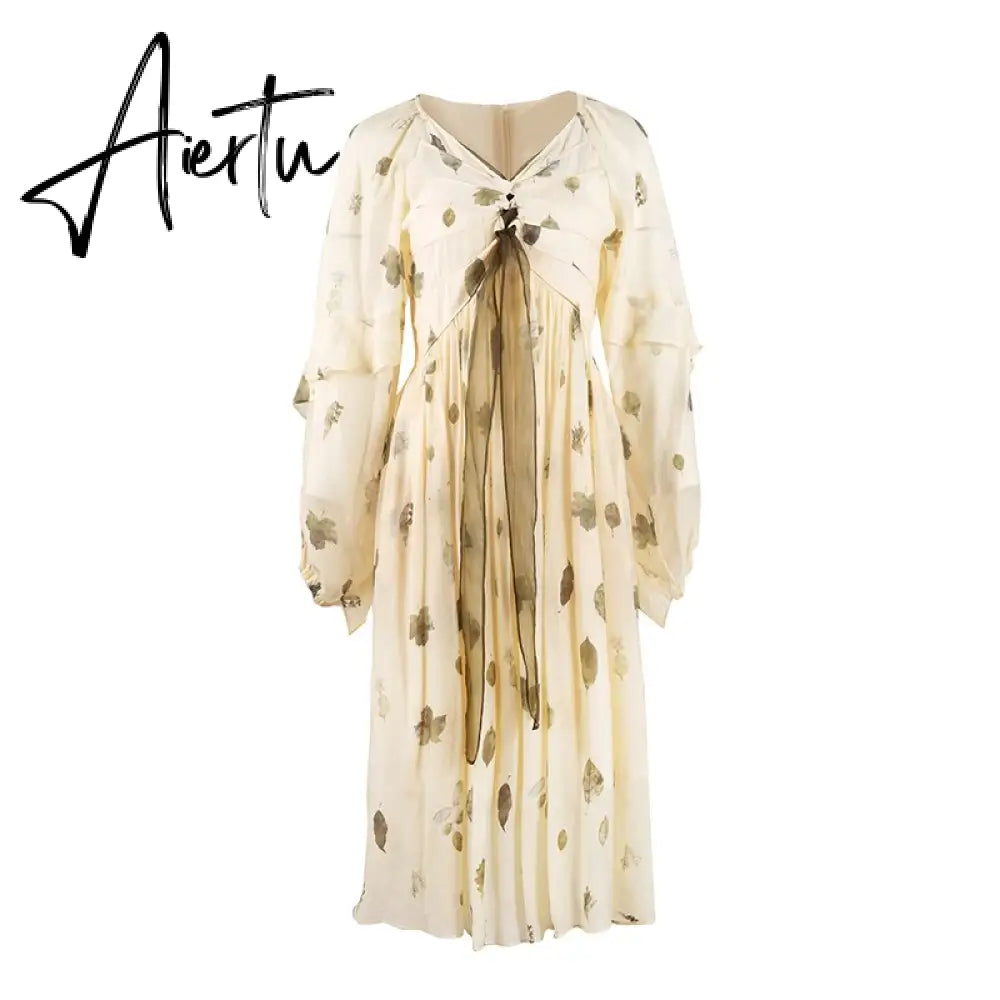 Frehcn Vintage Floral Midi Dress Office Lady V-Neck Casual Beach Party Dress Women Summer Chiffon One Piece Dress Korean Aiertu